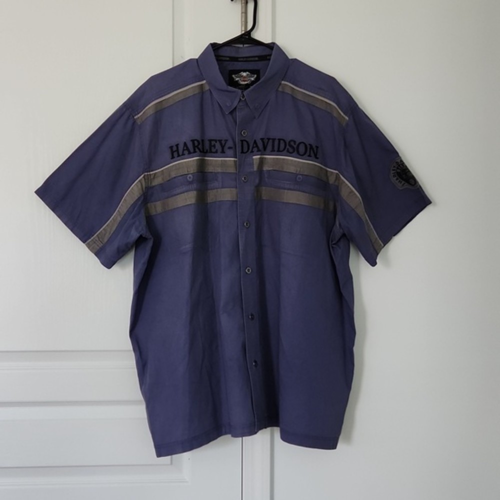 Harley Davidson Men's Short Sleeve Button Down Shirt, Dusty Gray Blue/Gray, 2XL